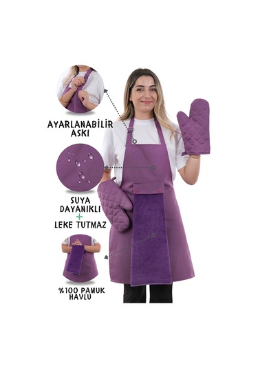 Star Ayar Askılı Havlulu 4lü Mutfak Önlüğü Seti 2 Eldiven Mor-mor-mor