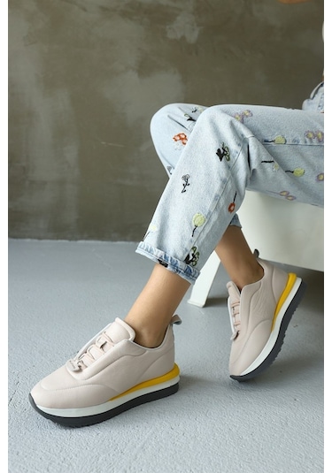 Balla Pudra Hakiki Deri Kadın Sneaker-Pudra