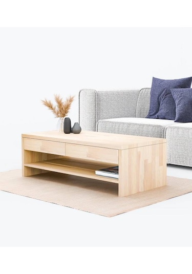 Masif Ağaç Çekmeceli Ve Raflı Orta Sehpa 120 X 60 Naturel Ahşap