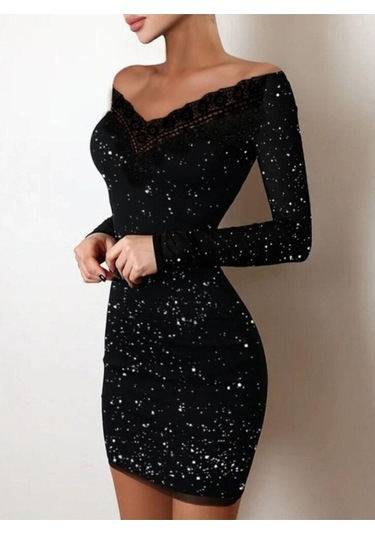 Siyah Uzeri Simli Kumastan Düşük Omuz Bodycon Elbise Siyah