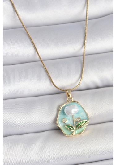 316l Çelik Gold Renk Zincir Mavi Çiçek İşlemeli İnci İşlemeli Portre Model Kadın Kolye - Tj-bko10126 Gümüş