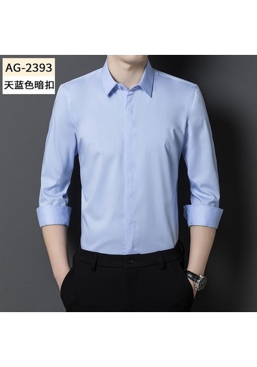 Yingfu Erkekler İçin Gizli Düğmeli, Uzun Kollu, Tek Renkli, Esnek İş Kıyafeti Gömlek Mavi Açık Mavi