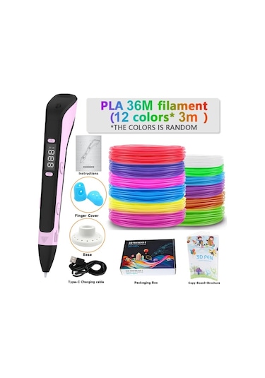 Xuweiwei Pembe 3d Yazıcı Çizim Kalemi Seti 3x3m Dıy Çizim Ve Baskı Aleti 9m Pla Dolumlar Parmak Koruyucu Eskiz Defteri Lcd Ekranlı