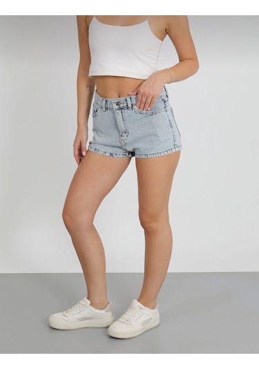 Buz Mavisi Kar Yıkama Mini Denim Şort - Kadın Jean Şort Buz Mavi