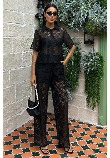 Pantolonu Astarlı Dantel İkili Takım 10119 Si Yah