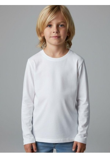 Zekids Erkek Çocuk Pamuklu Uzun Kol Basic T-shirt-16713 KREM