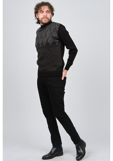 Ateş Triko Erkek Yarım Balıkçı Yaka Desenli Kazak 6091804 Siyah Siyah