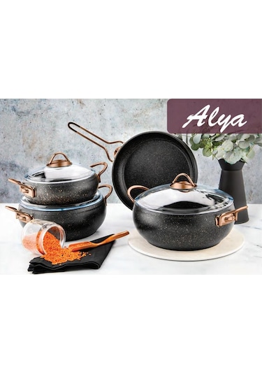 Evimsaray Tencere Seti Goldstone Granit 7 Parça Alya Bakır