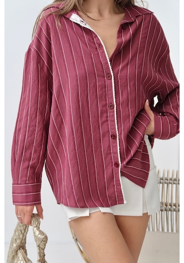 Paw Garage Kadın Monroe Dantel Işlemeli Yazlık Gömlek, Dokuma Modal Kumaş Oversize Gömlek Bordo