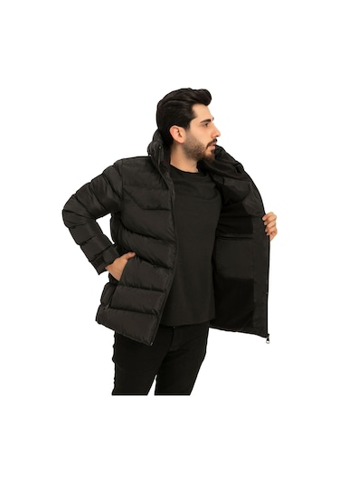 Erkek Kapüşonlu Polarlı Kürklü Su Geçirmez Rüzgara Dayanıklı Şişme Mont Kaban Parka Siyah