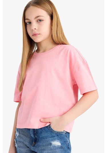 Defacto Kız Çocuk Relax Fit Bisiklet Yaka Basic Düz Kısa Kollu Tişört Z5095a625smpn323 Pembe