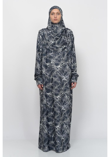 Pratik Tek Parça Ağaç Desenli Kollu Tak Çıkar Başörtülü Likralı Tesettür Namaz Elbisesi 990-0705 Siyah Antrasit