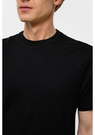 Siyah Regular Düz Bisiklet Yaka Tişört-38579 Siyah