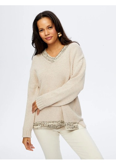 Faik Sönmez V Yaka Pamuklu Kadın Triko Bluz W26trb010 Taş