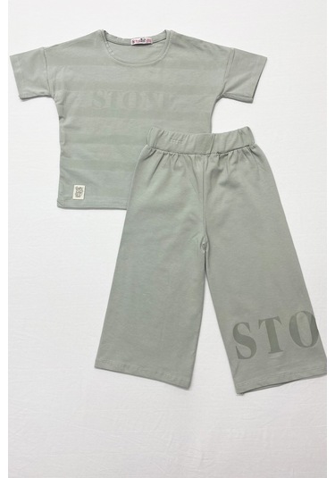 Kız Çocuk Eşofman Takımı Çizgili İspanyol Paça B17 Su Yeşili