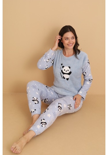 Fawn 1204 Peluş Welsoft Polar Kışlık Yumoş Panda Kadın Pijama Takımı Açık Mavi