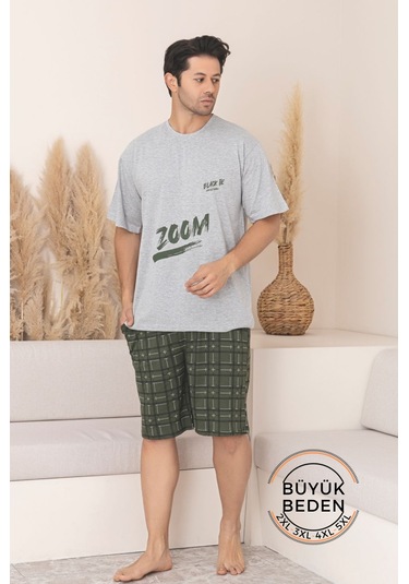 Büyük Beden Pamuklu Cepli Kısa Kollu Şortlu Erkek Pijama Takımı Gri