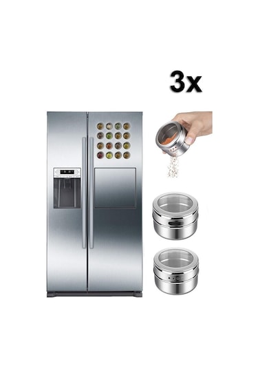 Kaliteli Paslanmaz Çelik 3 Lü Paket Mıknatıslı Baharatlık Cin114 Gri