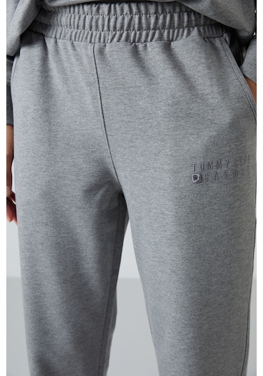 Tommy Life Gri Melanj Basic Pamuklu O Yaka Oversize Lastik Paça Kadın Eşofman Takım - 95287 GRİ MELANJ