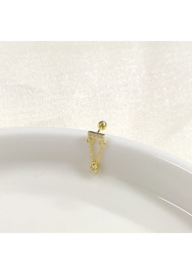 Sallantılı Zincirli Tek Taş Gümüş Tragus Pıercıng - Altın Sarı Beyaz