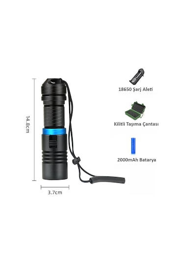 Valkyrie Profesyonel Şarjlı Su Altı Dalış Feneri Metal Kasa Yüksek Aydınlatma Su Geçirmez 2000mah Kutulu