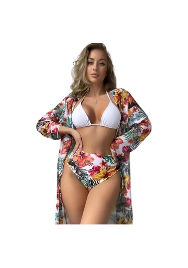 Bölünme Bikini Baskılı İpli Yüksek Bel Mayo Beyaz