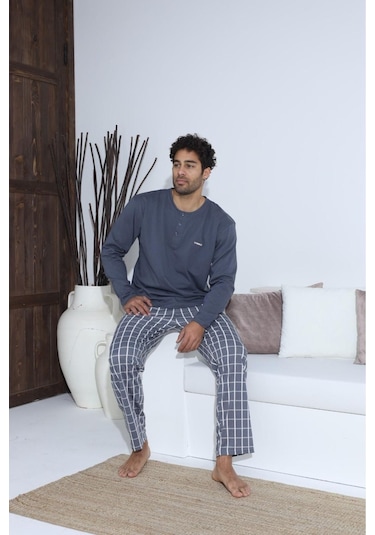 Lukitus Sıfır Yaka Düğmeli Pamuklu Erkek Pijama Takımı Antrasit Byrz70015-a Antrasit