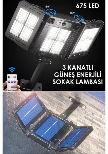 Technosmart 675ledli Solar Bahçe Aydınlatması Projektör Sokak Lambası Hareket Sensörlü Güneş Enerji
