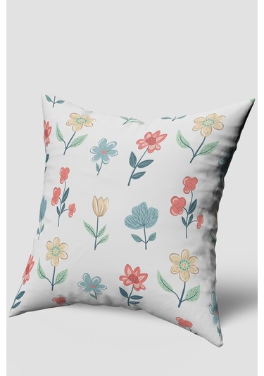 Mavi Yeşil Çiçek Desenli Kırlent Kılıfı Krem