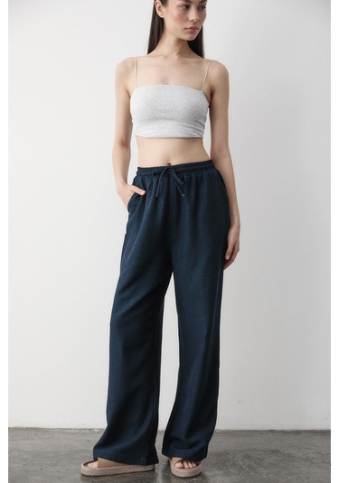 Lacivert Beli Lastikli Bol Paça Pantolon Lacivert