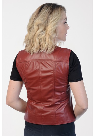 Derije Darla Hakiki Deri Kadın Kırmızı Yelek