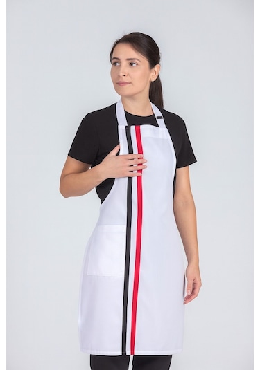 Kadın Boyundan Asmalı Çizgili Barista Şef Mutfak Önlüğü 60x85 Cm Beyaz