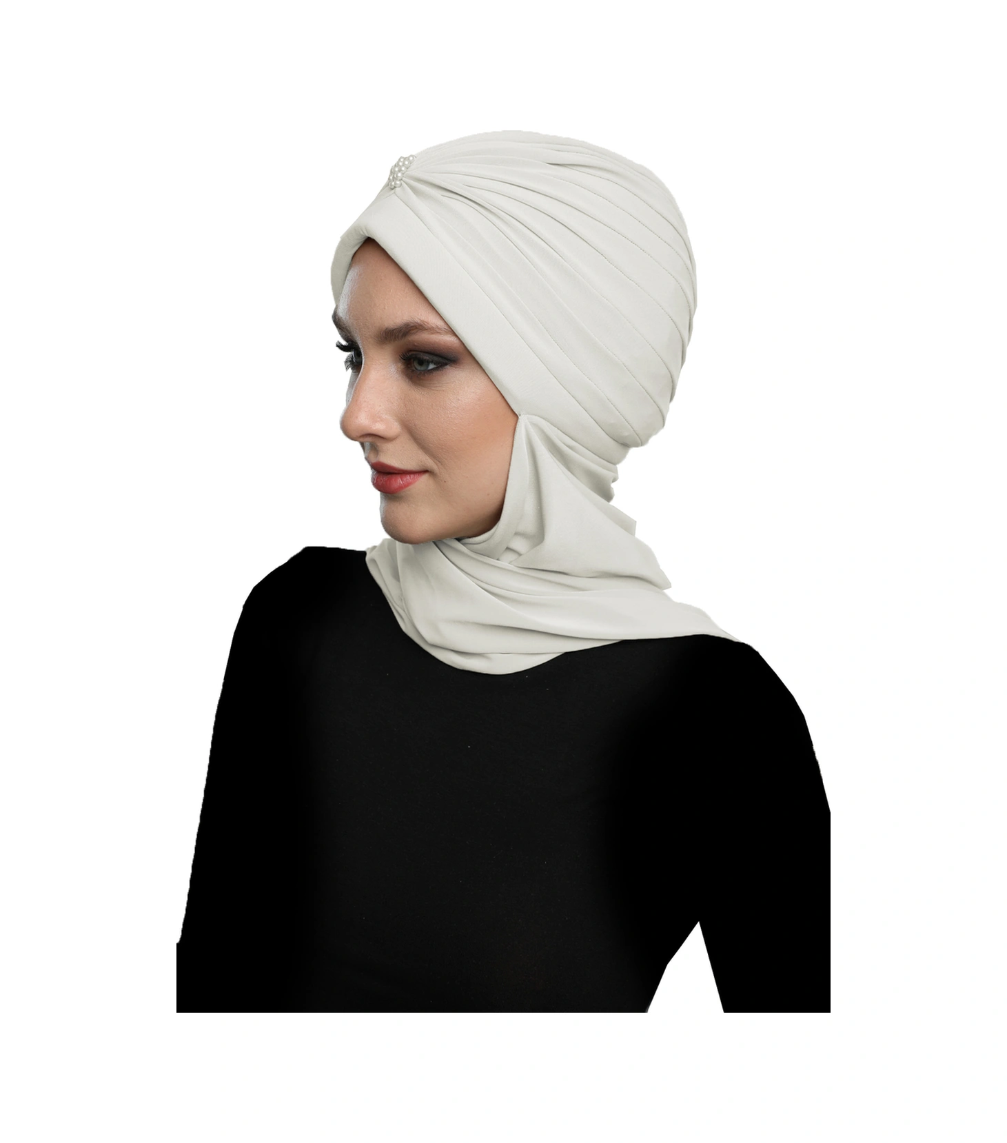 Incili Atkılı El Işi Inci Işlemeli Krem Hazır Türban Tesettür Bone Krem