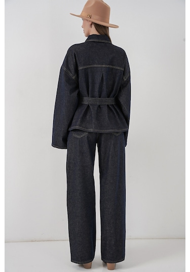 Kadın Ceket Pantolon Kot İkili Takım 30059 - Koyu Mavi Koyu Mavi