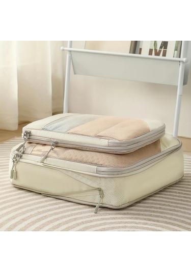 Fochsia 5 Parça Seyahat Sıkıştırma Saklama Torbası Bej Renkli Dayanıklı Valiz Düzenleyici Seti Koyu Gri