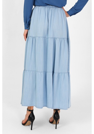 Beli Lastikli Büzgülü Tensel Etek Açık Mavi