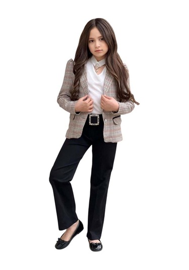 Riccotarz Kız Çocuk Yakası Açık Ve Taş Detaylı Bluz Ekose Çizgi Blazer Ceket Kemerli Siyah Alt Üst Takım Siyah