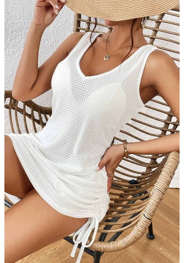 Angelsin Yandan Büzgülü Likralı Plaj Elbisesi Pareo Cover Up Kimono Beyaz