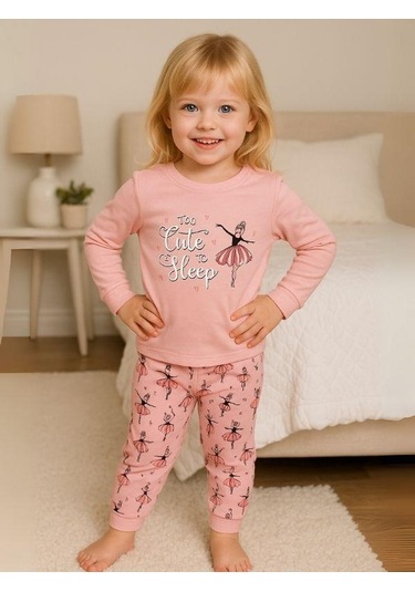 Kız Çocuk Pamuklu Balerin Baskılı Pijama-16018 Pembe