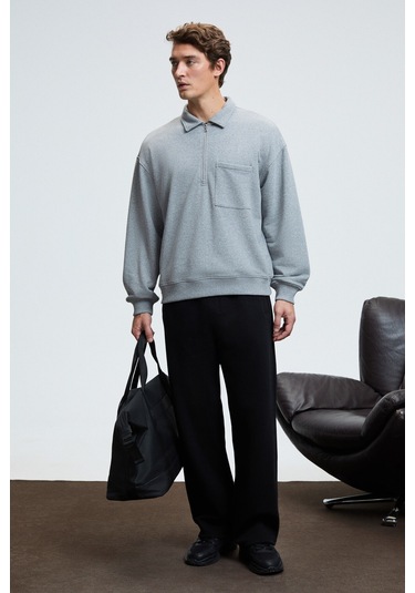 AUGUST Erkek %100 Pamuk Yarım Fermuarlı Yakalı Cepli Süs Etiketli Grimelanj Sweatshirt