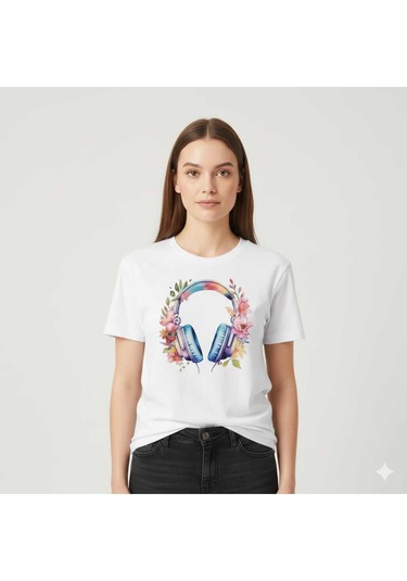Çiçekli Kulaklık Baskılı Pamuk Kadın T-shirt Beyaz