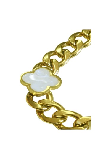 Uzel Çelik Gold Altın Renk Beyaz Sedef Yoncalı Kalın Halka Detaylı Çelik Bileklik Gold