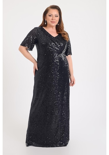 Lilas Xxl Kadın Büyük Beden Pul Payetli V Yaka Uzun Abiye Elbise 9646 Siyah Siyah