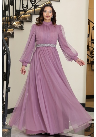 Alia Şık Taş Detaylı Büyük Beden Tesettür Abiye - Alya Lavanta