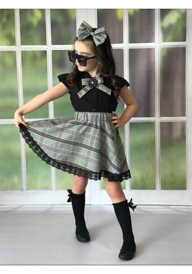 Kız Çocuk Broşlu Fiyonk Detaylı Ekose Etekli Takım Çok Renkli