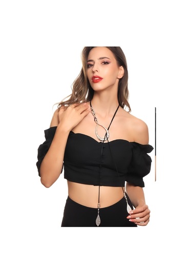 Kadın Antik Gümüş Kaplama Yaprak Charmlı Dolama Model Tasarım Ip Kolye Gümüş - Siyah