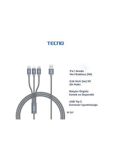 Tecno TCN31 3in1 Lightning Type-C Micro Çıkışlı Örgülü Şarj Kablo