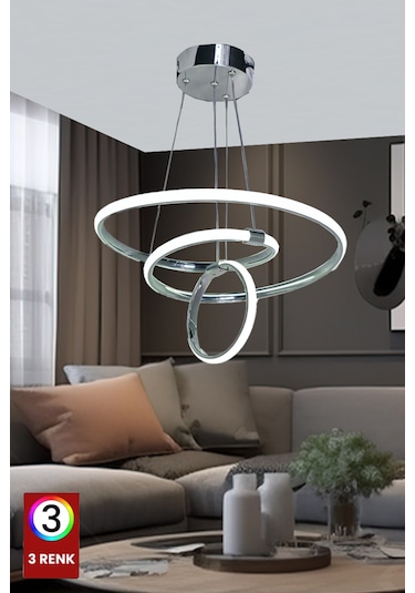 Mars 3 Renk Krom Salon Led Avize Ledli Avize Büyük Salon Avizesi Kumandasız Krom- Gümüş