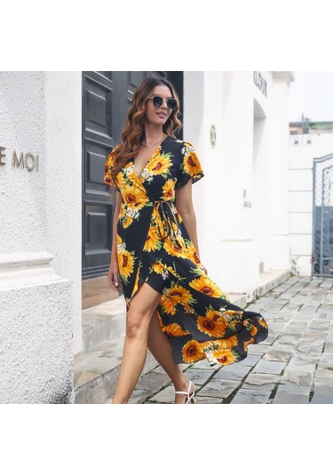 Gmxıa Kadın Moda Yaz Bahar Çiçek Baskı Kısa Kollu V Yaka Yüksek Bel Günlük Elbiseler Sarı