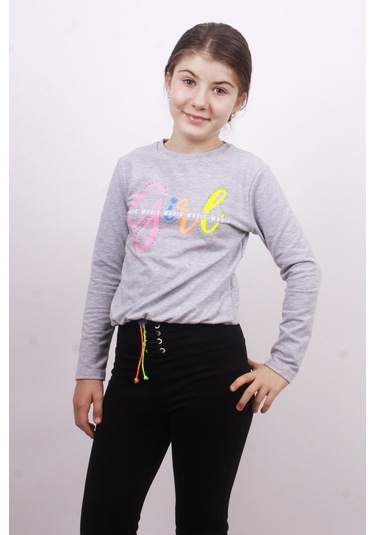 Toontoy Kız Çocuk Girl Baskılı Sweatshirt Gri Melanj